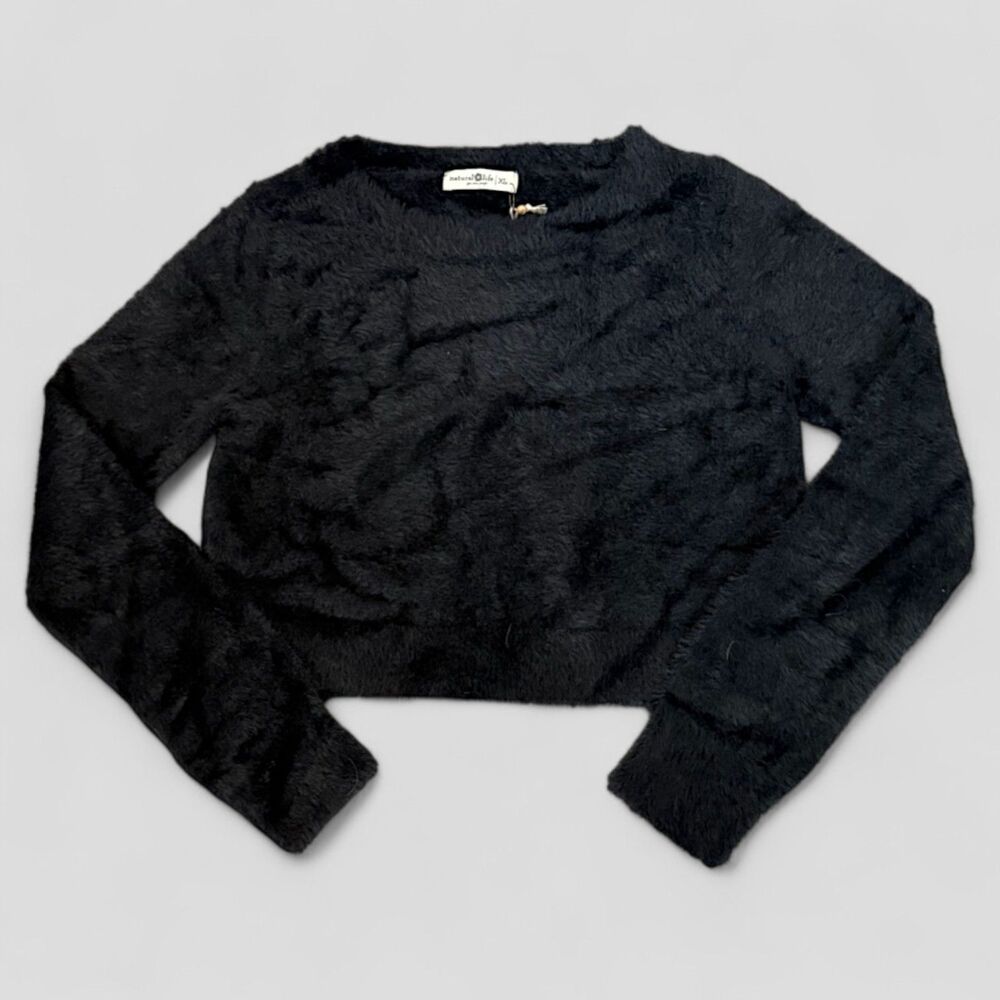 NATURAL LIFE Cropped Black Fuzzy Crew Neck Sweater NEW WITH TAGS!